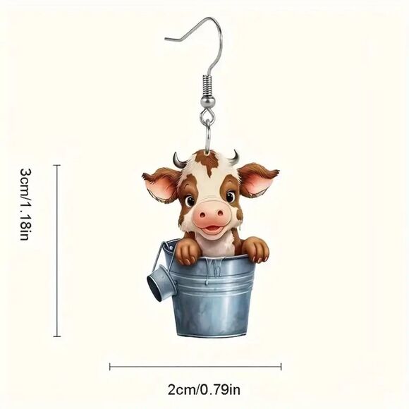 New Acrylic Cow in a Bucket Earrings, 1 pair - Picture 2 of 6